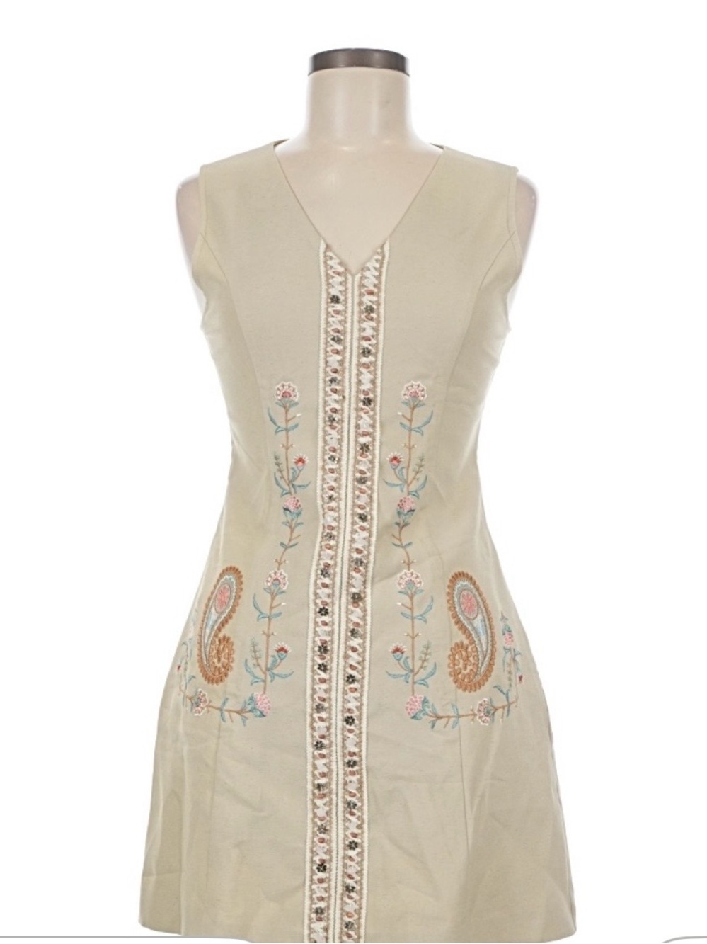 Beige Sleeveless Shift Dress with Embroidered Paisley & Floral Trim